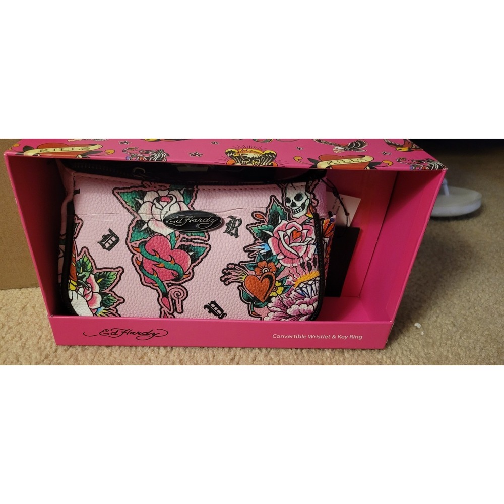 Ed Hardy Gift Box Convertible Wristlet Skull Floral Pink. NO KEY RING!! - Picture 3 of 9